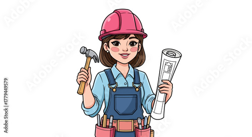 Cartoon depiction of a female construction worker showcasing a blueprint and construction tools