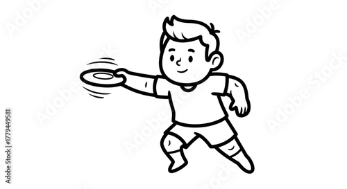 Cartoon boy throwing a frisbee in a fun outline illustration style ready for summer