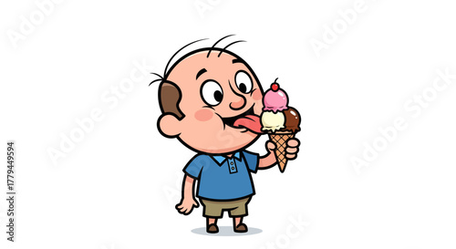 Cartoon character with a sweet tooth happily enjoying a towering ice cream cone
