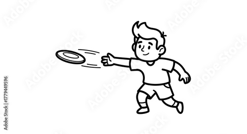 Cartoon character illustration of a young boy throwing a frisbee with energy and joy