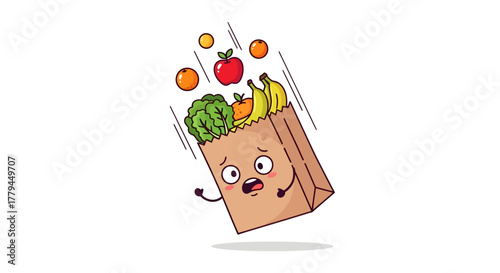 Cartoon grocery bag in distress losing its contents, falling down with fruit items
