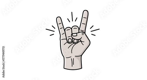 Cartoon hand showcasing the rock and roll hand gesture with vibrant energy emanating from the