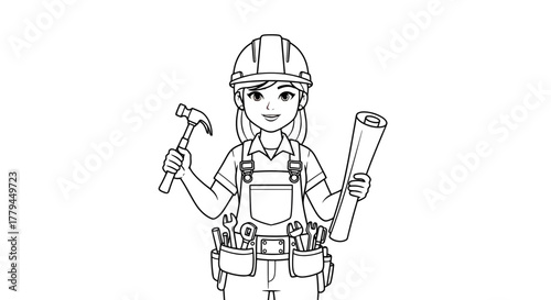 Wallpaper Mural Cartoon illustration of a female construction worker holding blueprint and hammer proudly Torontodigital.ca