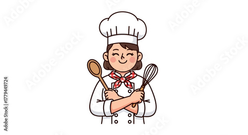Cartoon illustration of a female chef holding a wooden spoon and a whisk with a cheerful expression