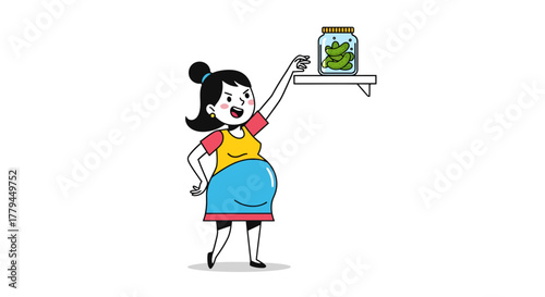 Cartoon illustration of a pregnant woman reaching for a jar of pickles on a shelf