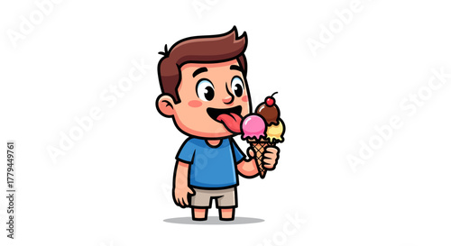 Cartoon illustration of boy with triple scoop ice cream cone expressing joy and sweetness