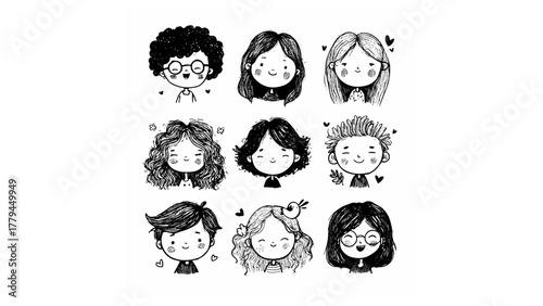 Collection of nine hand drawn cartoon faces with various hairstyles and expressions in black and white style