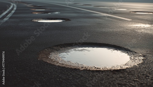 Fototapeta Naklejka Na Ścianę i Meble -  Numerous Potholes Observed Up Close Along The Roadway: A Detailed Look At The Road'S Surface Showing Multiple Road Imperfections.