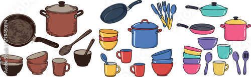 Kitchen cookware vector set with colorful pots, pans, cups, bowls, spoons and utensils for cooking illustrations 