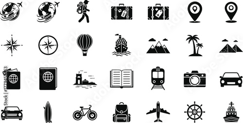 Collection of travel and vacation icons including globes backpacks suitcases maps compasses hot air balloons and transportation isolated on transparent background