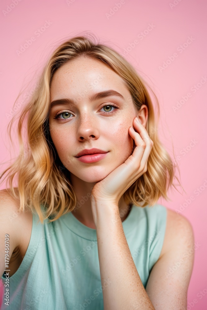 Naklejka premium Young woman with soft features resting her chin on her hand against a pink background