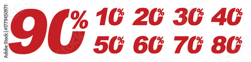 discount, sale, percent, percentage, sign, symbol, number, red, white, background, offer, promotion, price, reduction, ninety, ten, twenty, thirty, forty, fifty, sixty, seventy, eighty, retail, market