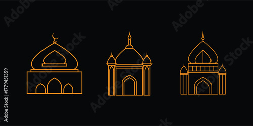 Mosque Minaret Silhouette Outline and Elegant Line Art Vector.