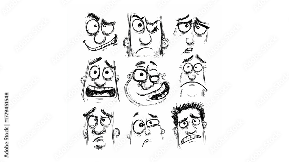 Naklejka premium Collection of nine cartoon faces displaying a variety of expressions and emotions in black and white sketch
