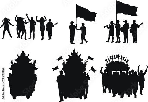 Foto Silhouette Groups in Cultural Celebration and Parade – Flags, Music, Chariot, Da