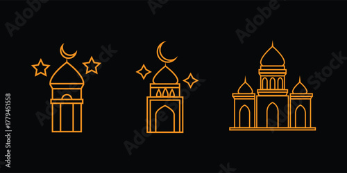 Mosque Arabic Outline Art and Minimal Islamic Architecture Vector.