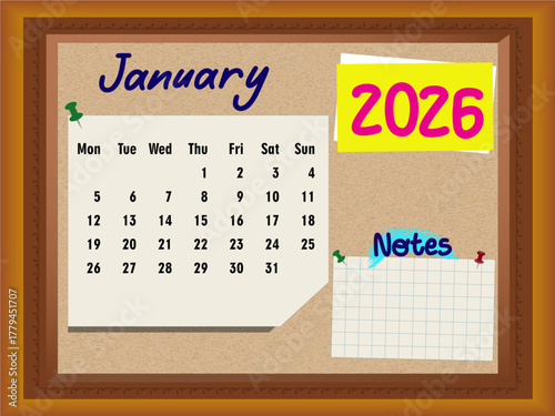 2026 calendar - month January - cork board with notes - week starts on Sunday