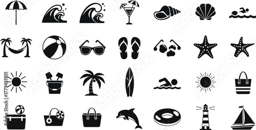 Collection of black and white summer vacation icons and symbols on a transparent background isolated on transparent background