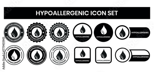 Hypoallergenic tested icons set design. Cosmetic certification label, Hypoallergenic icon sign black on white background. Hypoallergenic logo, label, sign, badge, symbol, banner, line, flat vector.