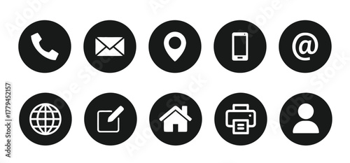 contact, communication, icon, set, symbol, phone, call, email, envelope, location, pin, map, mobile, smartphone, at symbol, globe, world, edit, pencil, square, house, home, printer, user, person, silh