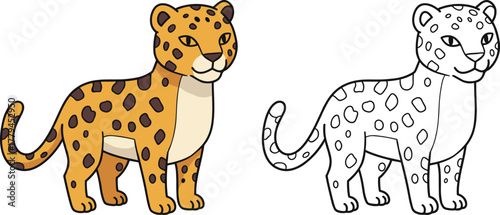 Cartoon leopard illustration, wild animal drawing, jungle wildlife art, safari predator design, coloring page outline, cad drawing flat vector illustration