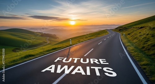An empty asphalt road through a scenic landscape heading towards the horizon at sunrise, symbolizing the journey ahead