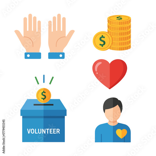 Illustration depicting charity, volunteering, and donation with hands, coins, heart, and donation box.