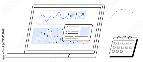 Laptop screen displays analytical graphs, charts, and a task list. Calendar beside implies organized scheduling. Ideal for analytics, productivity, planning, data visualization, scheduling