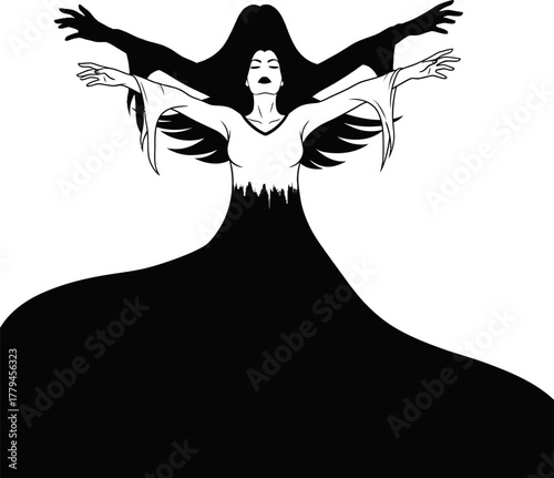 Ethereal Woman with City Silhouette Gown and Shadow Arms