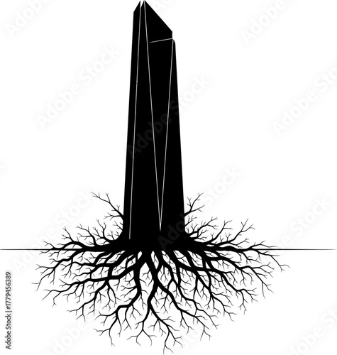 Black Obelisk with Entangled Roots Silhouette