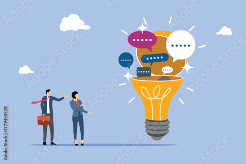 Discussion, conversation, meeting, team communication. Open lightbulb to see speech bubbles. Vector illustration.