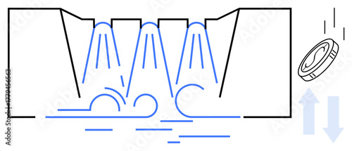 Water streams cascading through dam gates, turbulence at base, falling coin symbolizing economy. Ideal for sustainability, water management, resources, economics, hydropower, ecology simple flat