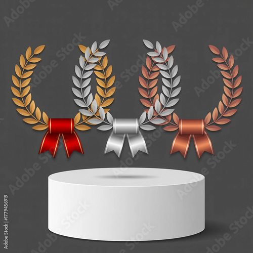 Winner background with golden, silver and bronze laurel wreaths with ribbons on round 3 pedestal isolated on white background