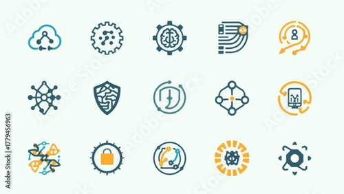 Collection of modern technology and digital icons in a grid layout