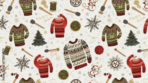 Cozy christmas sweater pattern with knitting supplies and snowflakes