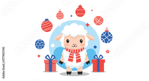 Cute cartoon sheep wearing a scarf with Christmas ornaments and gifts around it.