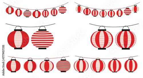 Collection of red and white patterned Japanese lanterns hanging on strings.