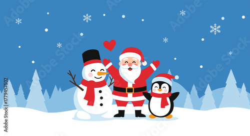 Santa Claus, a snowman and a penguin celebrate Christmas in a snowy forest with snowflakes falling.