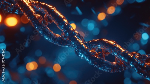 Close-up 3D render of DNA molecule structure glowing with blue and orange light in scientific background.