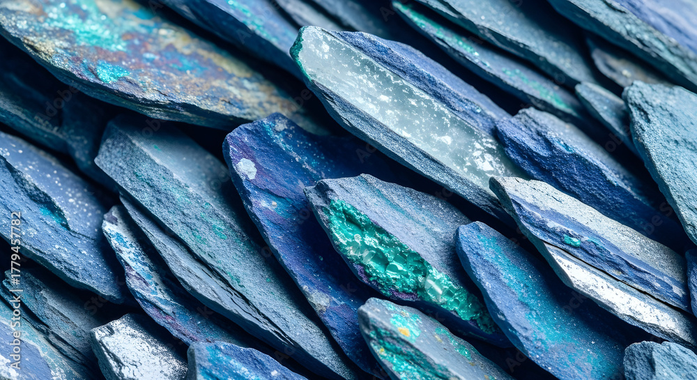 Obraz premium Abstract close up of overlapping textured blue and teal stone or mineral fragments with iridescent shimmer