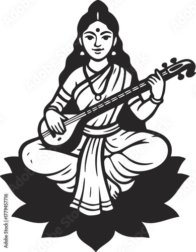 Indian goddess Saraswathi sitting on lotus and playing musical instrument veena