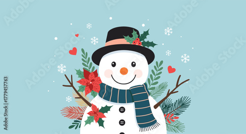 Cute snowman wearing a hat and scarf surrounded by festive winter decorations and snowflakes.