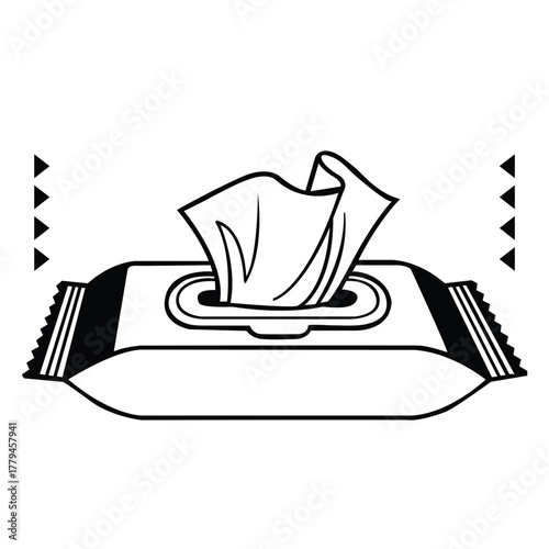 Outline illustration of a pack of disposable wet wipes or tissue box with a single wipe dispensing from the top opening.