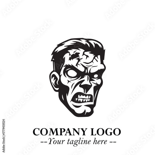 Head of Zombie Logo Symbol in Black on the White Background with Horror Minimal Vector Design