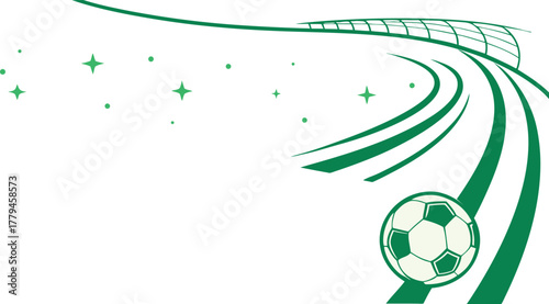 Vibrant soccer ball illustration with dynamic green flowing lines and sparkling stars, symbolizing the energy and excitement of sports, ideal for athletic-themed designs