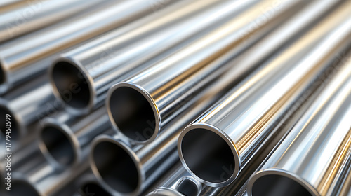 A close-up showcases a stack of gleaming, cylindrical metal tubes, their polished surfaces reflecting light. The tubes create an orderly pattern, evoking a sense of industrial precision.