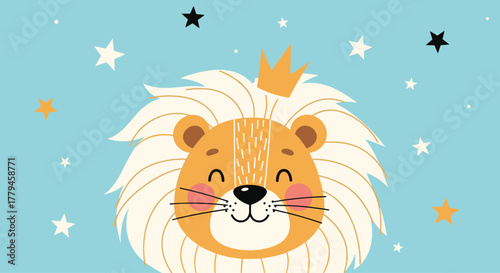 Cute cartoon lion wearing a crown and surrounded by stars on a blue background.