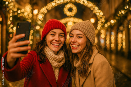 Vibrant night photo of two cheerful young women taking a selfie under glowing Christmas street lights. Wearing cozy coats and knitted hats, they smile warmly against a golden bokeh background. 