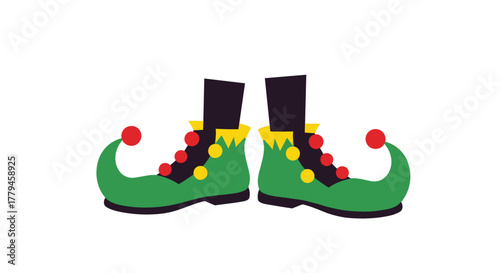 Pair of green elf boots with red and yellow pom-poms and black stockings.
