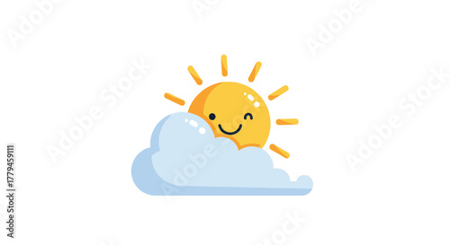 Cute cartoon sun peeking from behind a fluffy cloud with a cheerful wink.